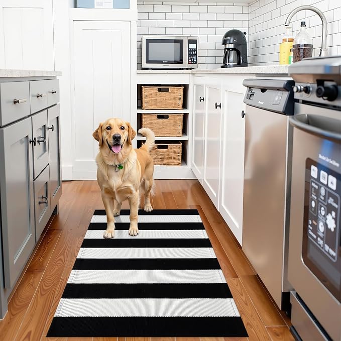 OLANLY Black and White Striped Rug 2' x 3' – Washable Cotton Indoor Outdoor - Image 3