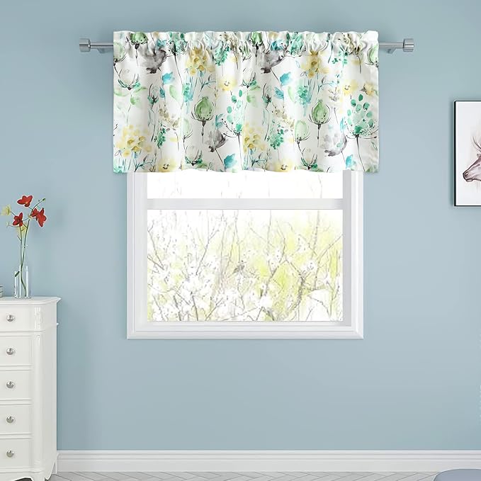 Leeva Bedroom Curtain Valance, Watercolor Flower Printed Decorative Solid - Image 3