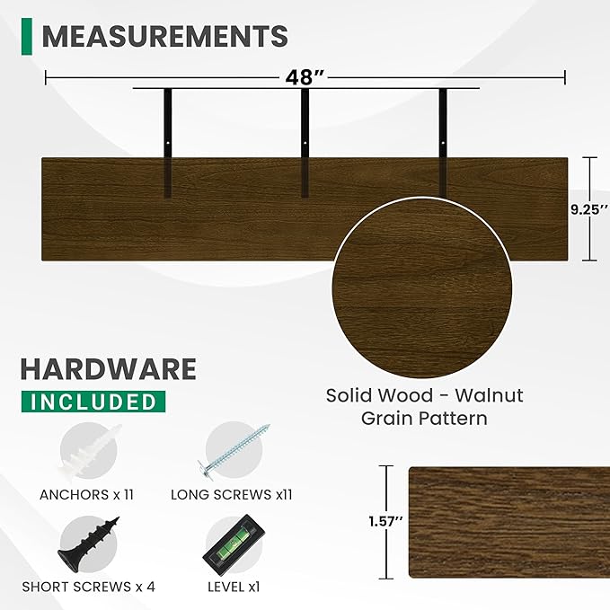 Solid Wood Floating Shelves For Wall, 48”W x 9”D x 1.56”H Large Wall Shelves - Image 3