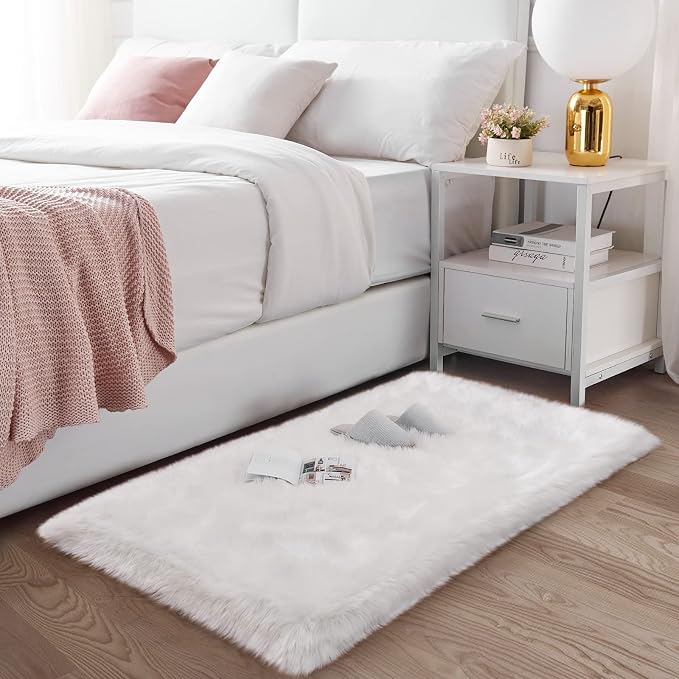 SERISSA Ultra Soft Faux Fur Area Rug White Fluffy Rug Plush Chair Cover Seat - Image 2