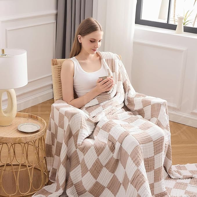 EMME Checkered Cotton Blanket Twin Large 60"x80" 100% Muslin - Image 5