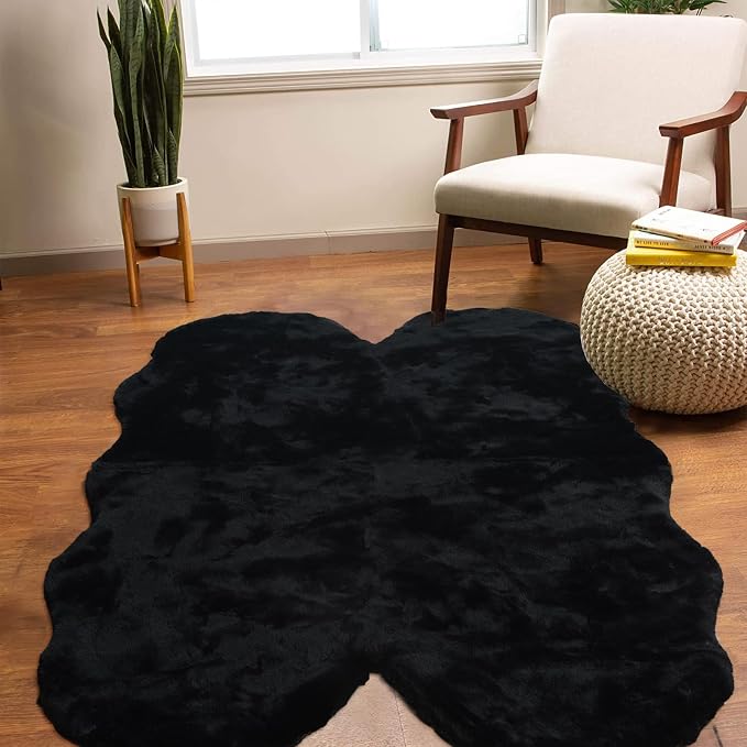 Latepis Black Faux Rabbit Fur Rug 4x6 - Image 2