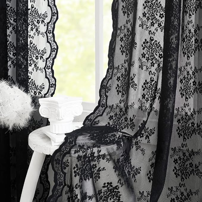 YJ YANJUN Vintage Lace Curtains 96 Inches Long Victorian Floral Gothic Black by YJYANJUN