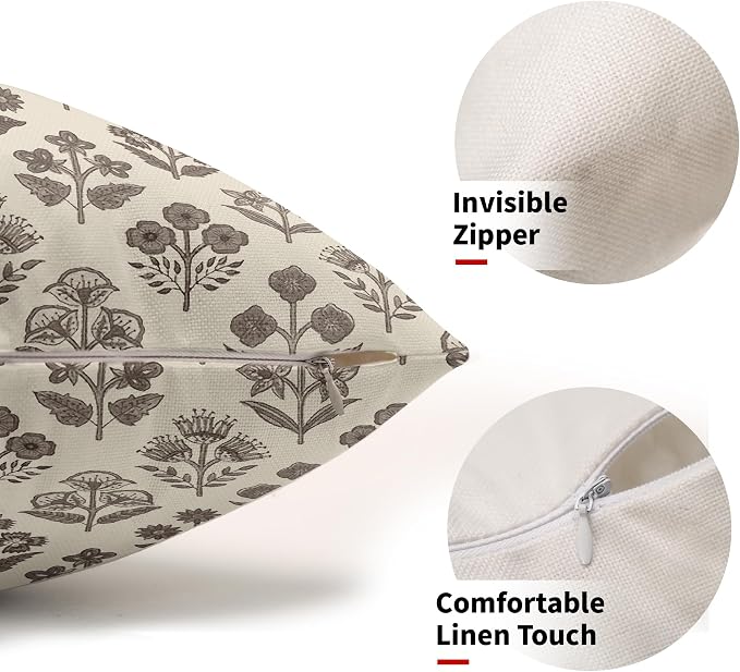 Dark Brown Floral Pillow Covers 12x20 Inch Set of 2, Block Print Lumbar Flower - Image 2