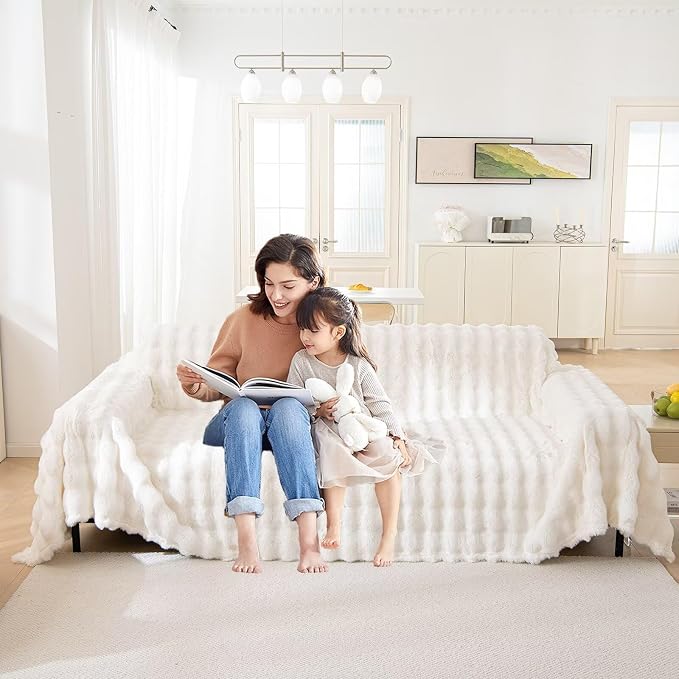 VClife Soft Plush Faux Fur Couch Cover, Warm Fuzzy White Sofa Covers by VCLIFE