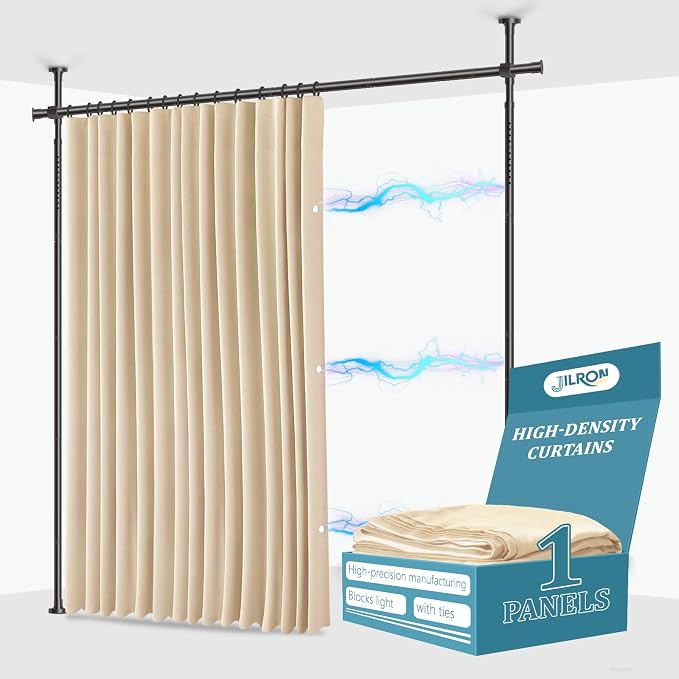 Jilron No-Drill Room Divider Curtain Set: Includes 106" W x 84" L Beige Curtain by JILRON