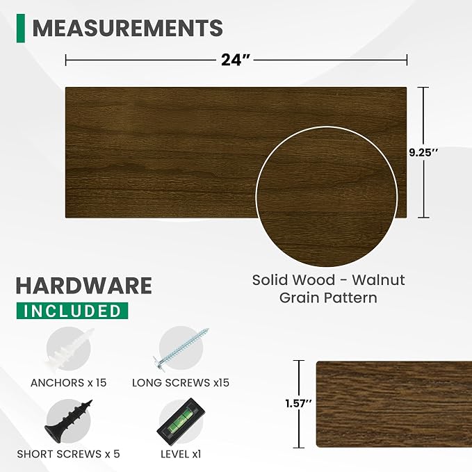 Solid Wood Floating Shelves For Wall, 24”W x 9”D x 1.56”H Large Wall Shelves - Image 3