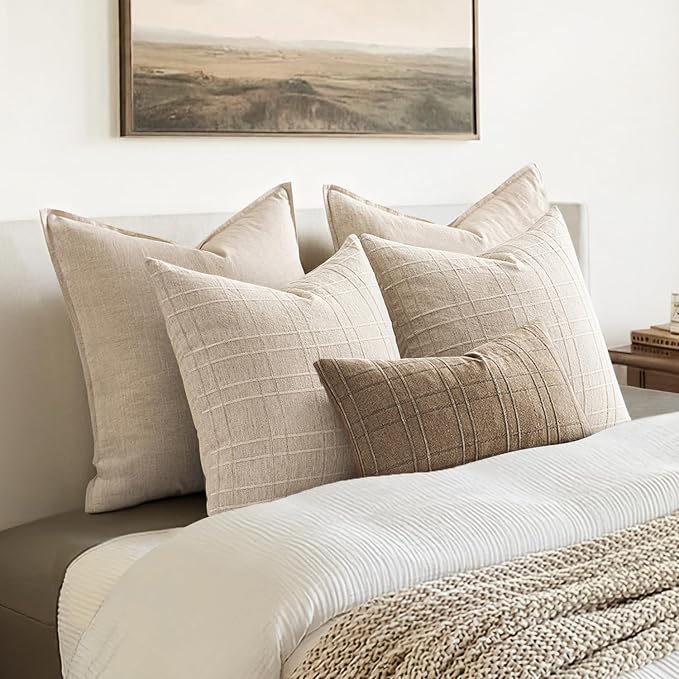 MIULEE Decorative Linen Check Lumar Throw Pillow Covers Neutral Farmhouse - Image 5