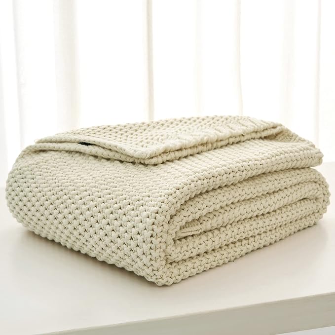 Chunky Cable Knit Throw Blanket Lightweight Cream 100% Organic Cotton Blanket - Image 3