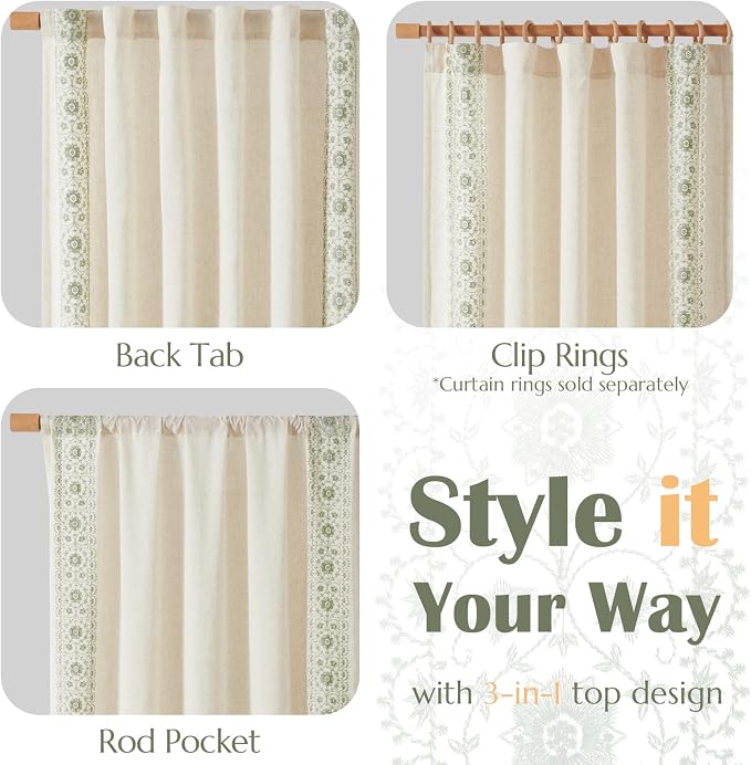 jinchan Weslie Boho Curtains for Bedroom Sage Green Vintage Floral Farmhouse - Image 7