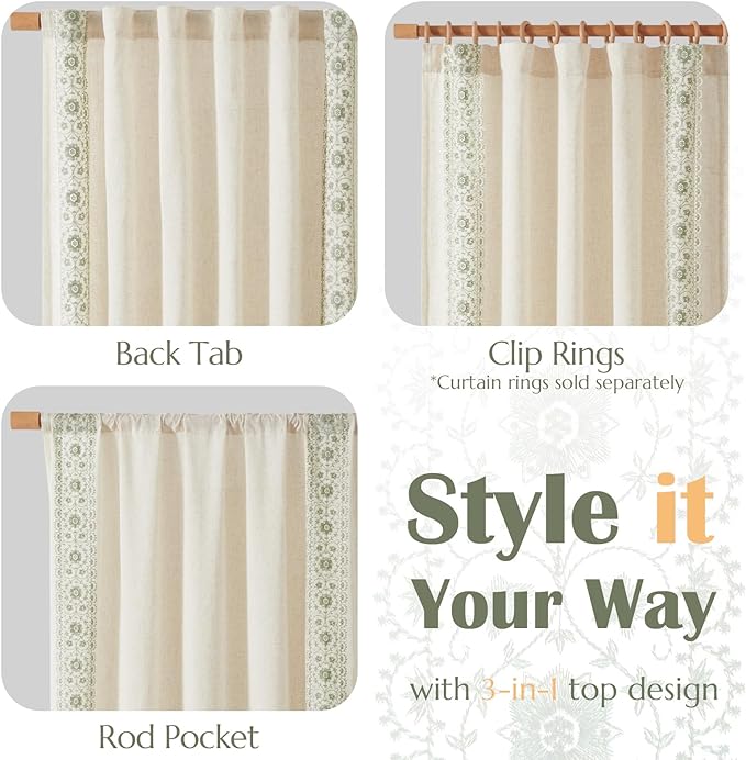 jinchan Weslie Boho Curtains for Bedroom 4 Panel Set Sage Green Vintage Floral - Image 7