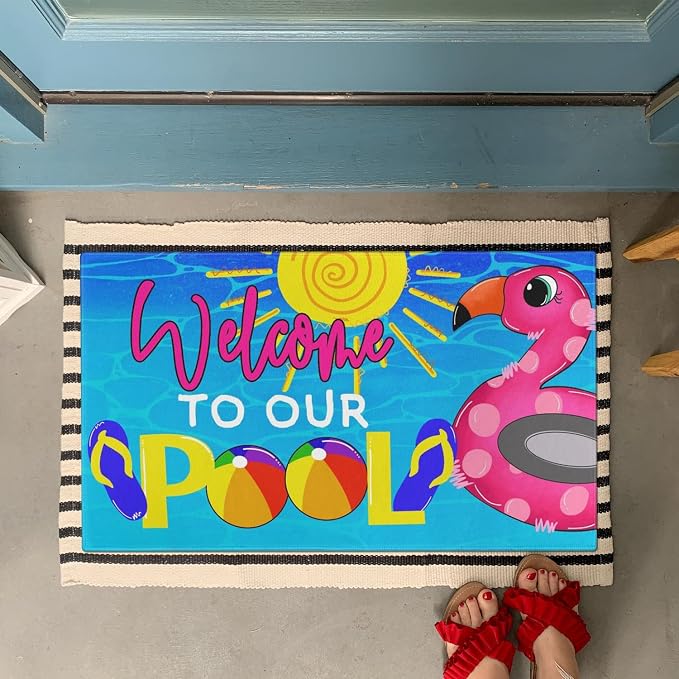 Summer Door Mat, Welcome to Our Pool Flamingo Indoor Outdoor Non-Slip Mat - Image 2