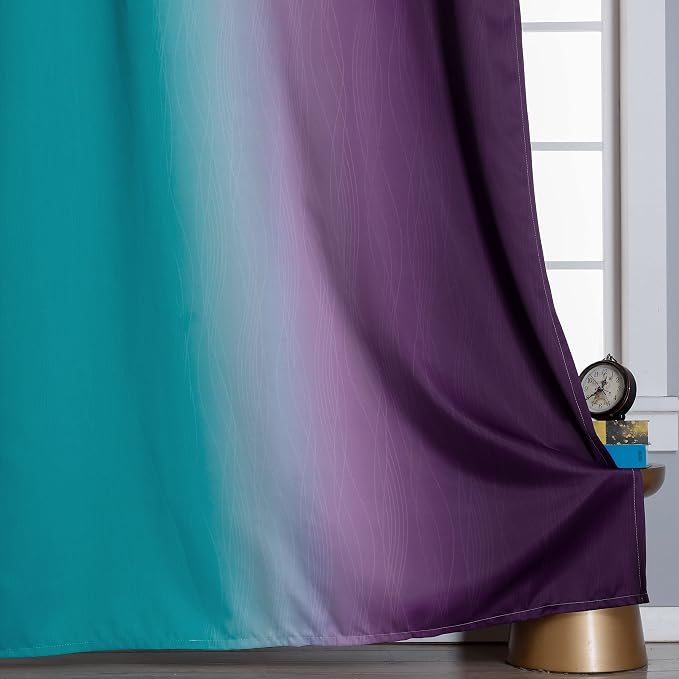 Teal and Purple Gradient Curtains 63 Inch Length 2 panels, Ombre and Wavy Line - Image 6