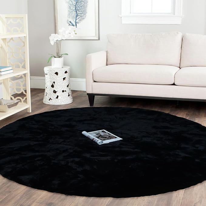 Latepis Round Area Rugs 5ft Black Fuzzy Rug Washable Faux Rabbit Fur Fluffy by Latepis