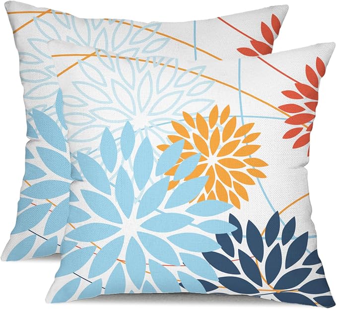 Light blue and Orange Floral Pillow Covers 18x18 Set of 2 Outdoor Waterproof by DFXSZ