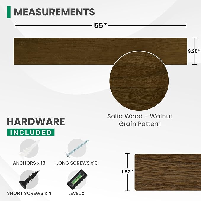 Solid Wood Floating Shelves For Wall, 55”W x 9”D x 1.56”H Large Wall Shelves - Image 3