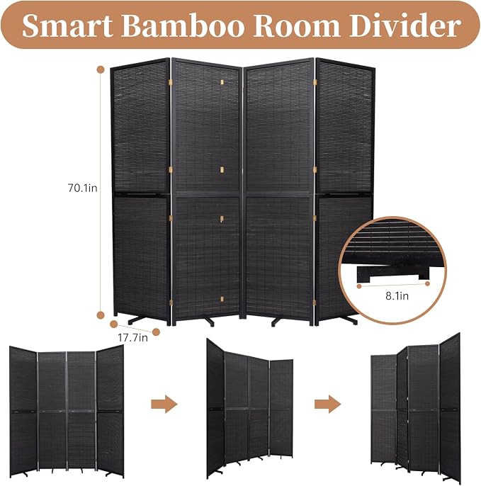 Room Divider Folding Privacy Screens, Hand-Made 72'' Wide Bamboo Room Separator - Image 5