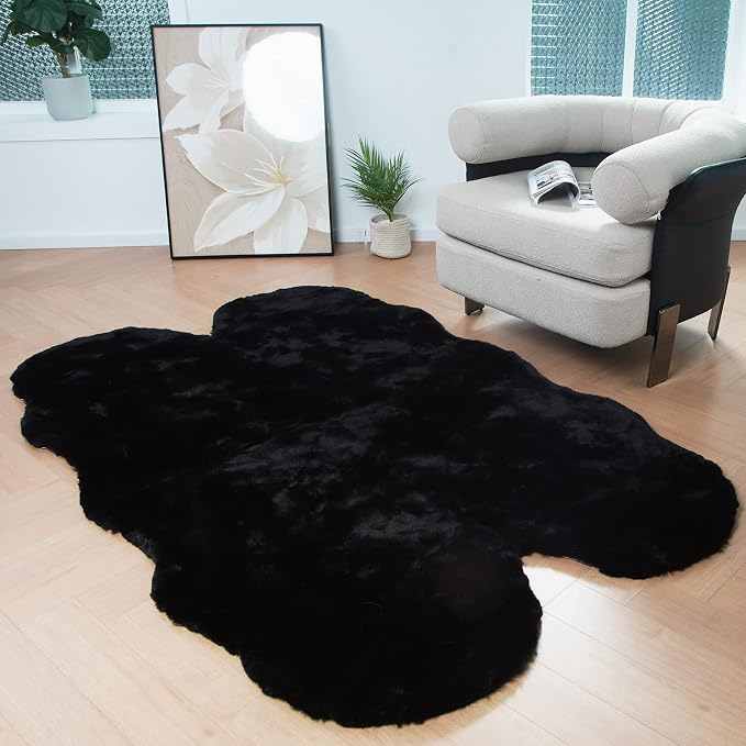 Latepis Black Faux Rabbit Fur Rug 4x6 by Latepis