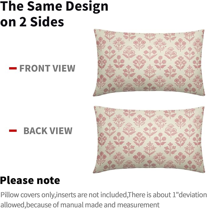 Pink Floral Pillow Covers 12x20 Inch Set of 2, Block Print Lumbar Flower Cream - Image 4