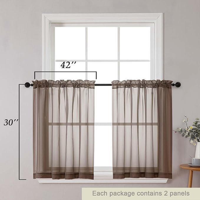Chocolate Kitchen Curtains 30 Inch Length Tier 2 PCS, Solid Soft Airy Half - Image 2