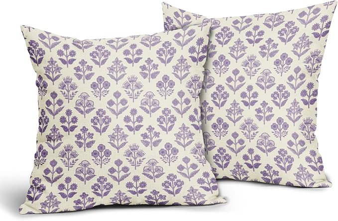 Purple Floral Pillow Covers 22x22 Inch Set of 2, Vintage Flower Block - Image 2