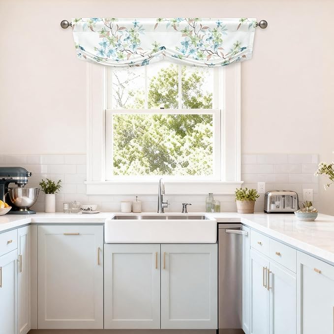 Leeva Flower Print Pleated Valance, Linen Textured Rod Pocket Window Curtain by Leeva