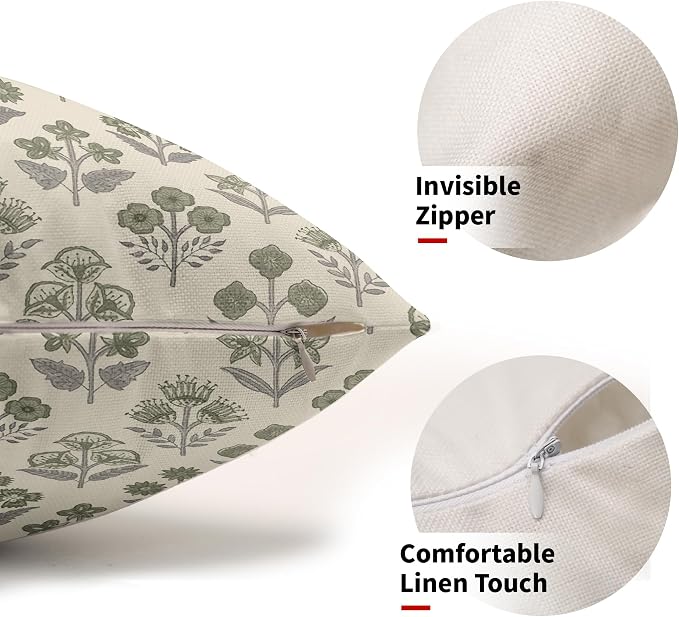 Green Grey Gray Floral Pillow Covers 12x20 Inch Set of 2, Block Print Lumbar - Image 2