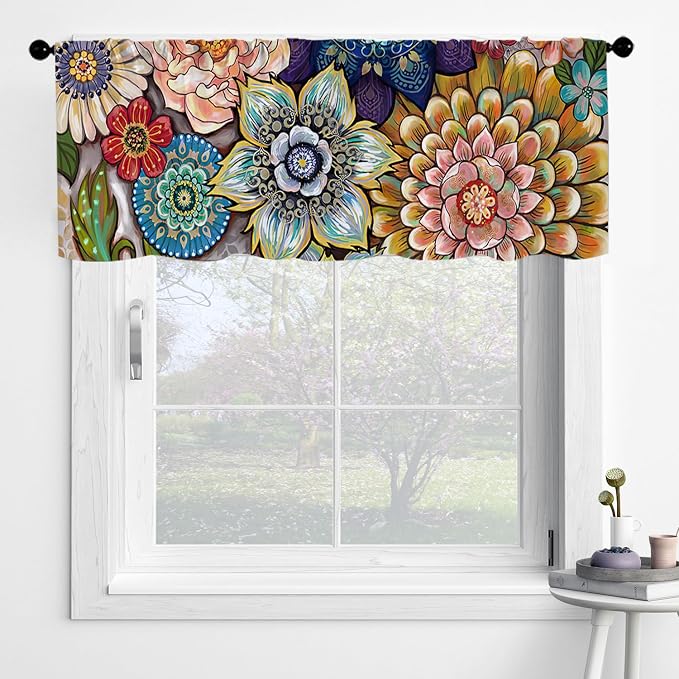 Boho Flower Kitchen Curtains Colorful Oil Painting Flowers Design - Image 3