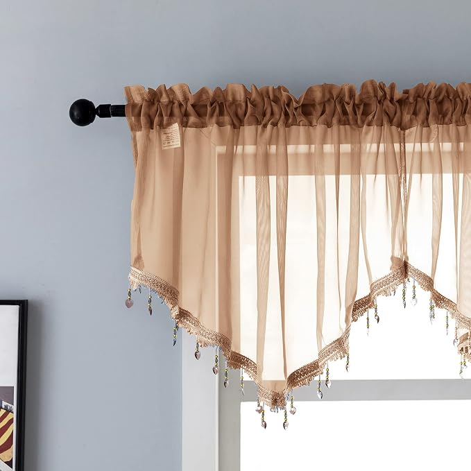 Beaded Sheer Valance Curtains for Living Room, Rod Pocket Farmhouse Window by PearAge