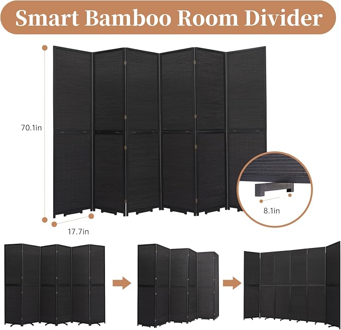 Room Divider Folding Privacy Screens, Hand-Made 70.8'' High Bamboo Room - Image 5