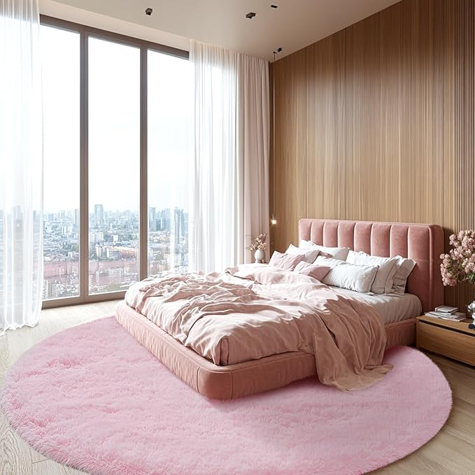 Round Rug 7x7Feet for Living Room: Pink Shag Round Area Rugs for Living - Image 2