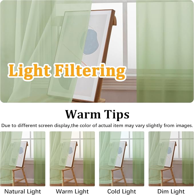 Gwine Light Green Sheer Curtains 84 Inches Long 2 Panels Set - Image 5