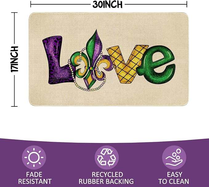 Mardi Gras Door Mat, Fleur De Lis Love Indoor Outdoor Non-Slip Doormat - Image 3