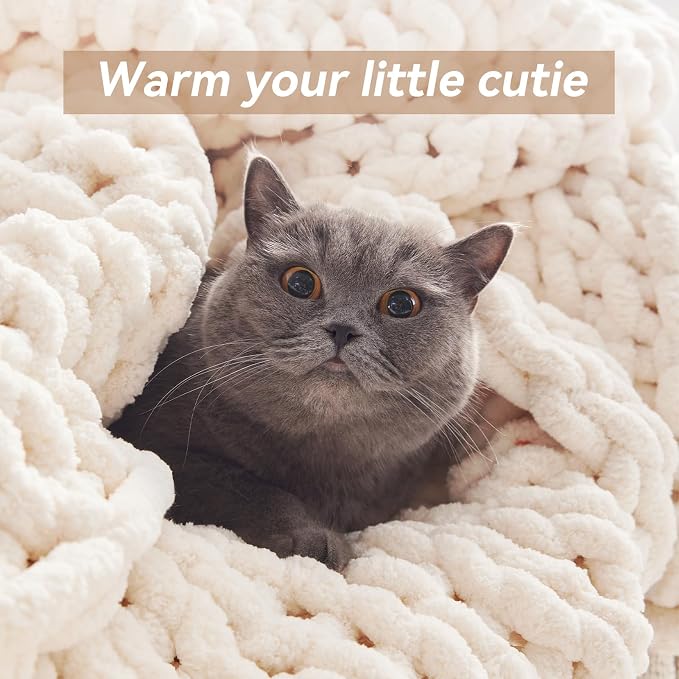 Negwoo Chunky Knit Throw Blanket, Handmade Cream Crochet Big Thick Blanket - Image 5