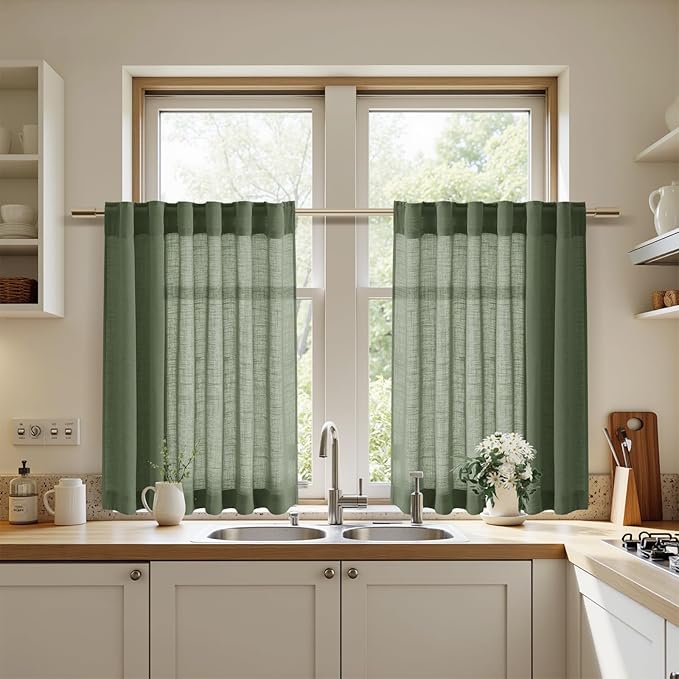 Nanspring Linen Kitchen Curtains 30 Inches Long 2 Panels Olive Green Semi Sheer - Image 7