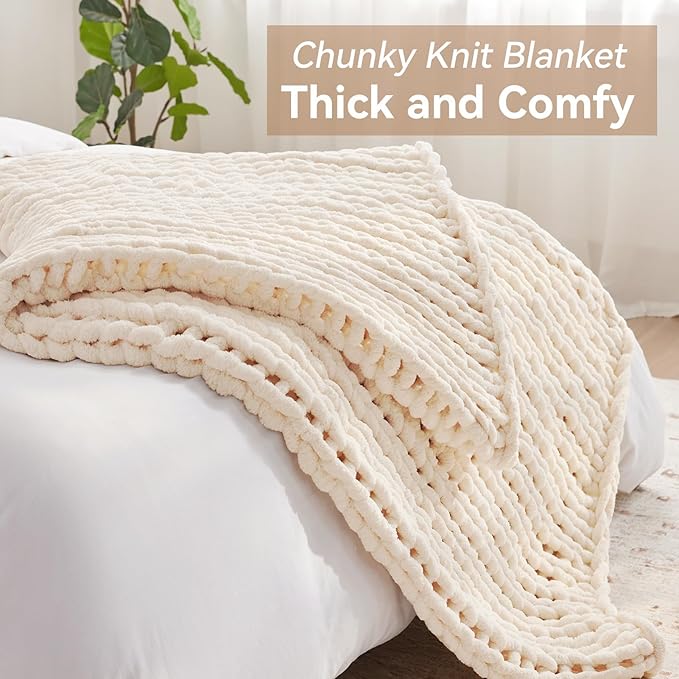 Negwoo Chunky Knit Throw Blanket, Handmade Cream Crochet Big Thick Blanket - Image 3