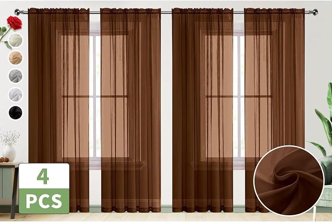 SpaceDresser Brown Sheer Curtains 4 Panels Rod Pocket Semi-Sheer Curtain 63 - Image 2
