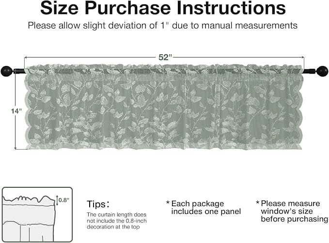 Rinwoc Sage Green Lace Semi-Sheer Valance Curtains – Vintage Leaf Lace Tier - Image 2