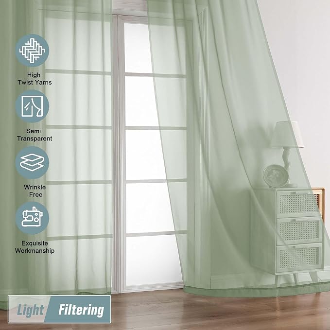 Sage Green Sheer Curtains 84 Inches Long 2 Panels, Elegant Airy Transparent - Image 5