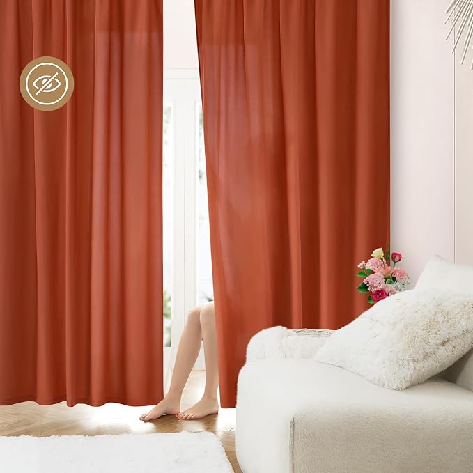 HOMEIDEAS Non-See-Through Fall Burnt Orange Privacy Sheer Curtains, 52 X 54 - Image 2