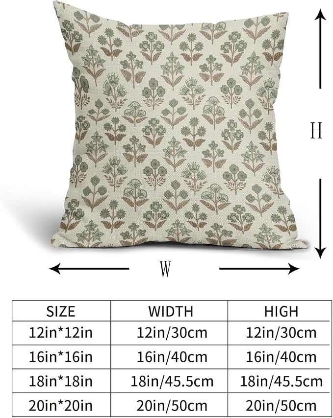 Brown Green Floral Block Print Pillow Covers 16x16 Inch Set of 2, Vintage - Image 5