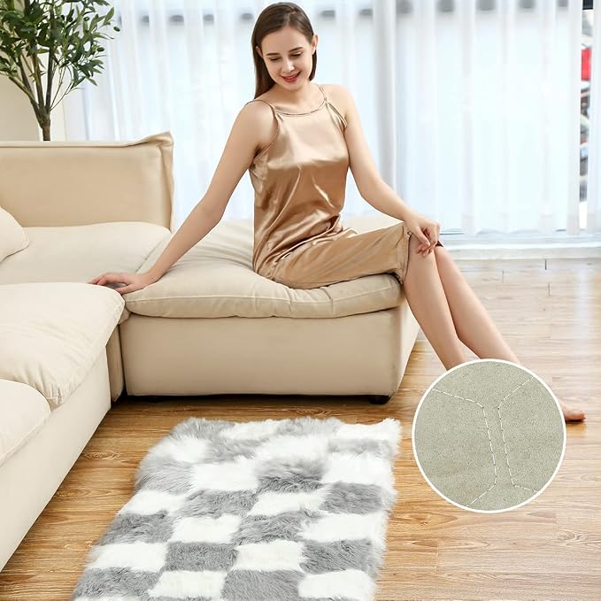 Fluffy Faux Fur Gery and White Checkered Rug，Small Area Rug, 2x4 Ft Ultra Soft - Image 5
