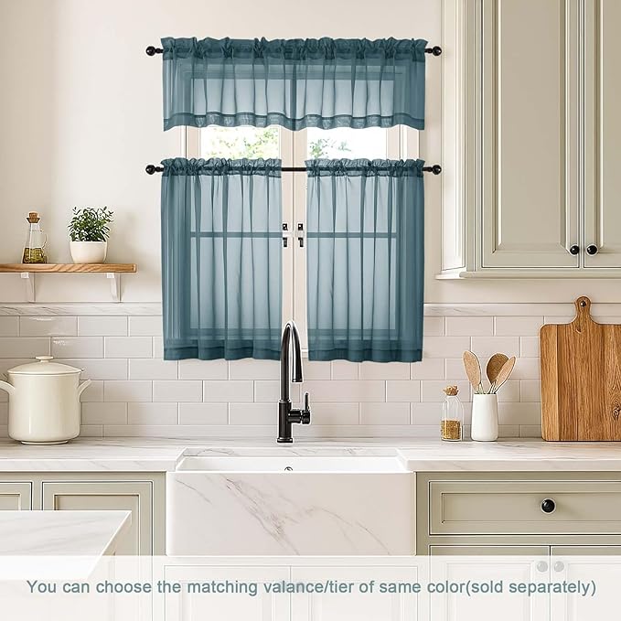 Dusty Blue Sheer Curtains Tier 30 Inches Length 2 Panels, Light Filtering - Image 2