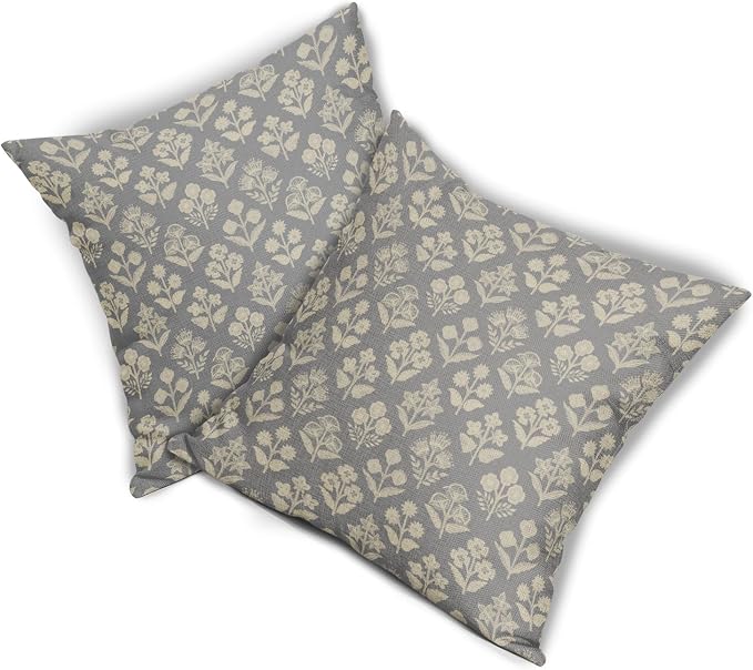 Grey Gray Floral Block Print Pillow Covers 18x18 Inch Set of 2, Vintage Flower - Image 8