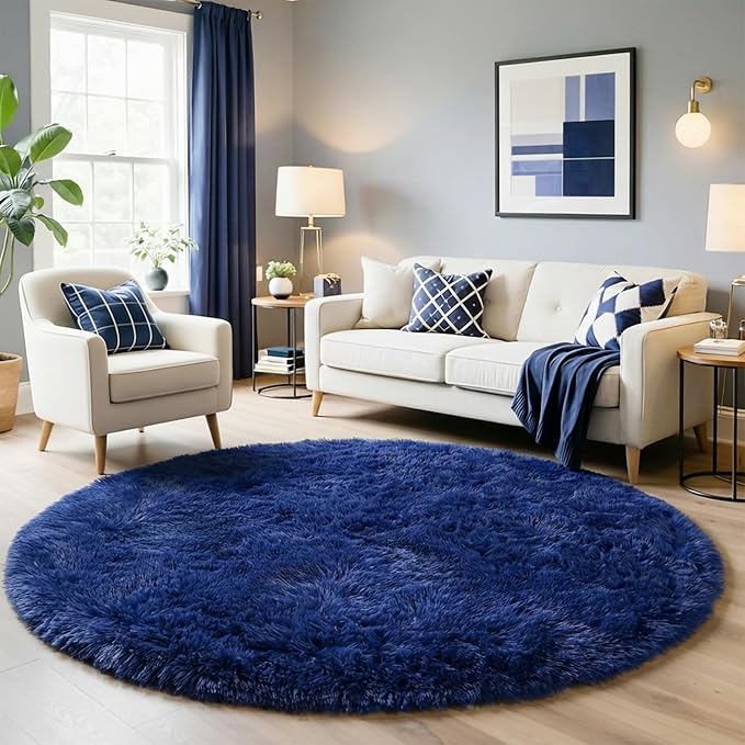 Navy Blue Round Rugs 5Ft for Boys Bedroom, Fluffy Circle Area Rug for Kids - Image 3
