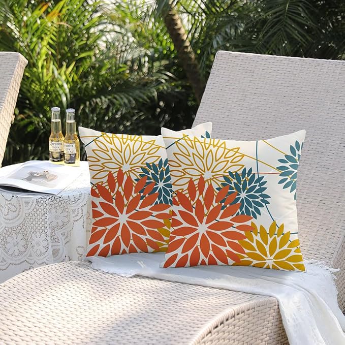 Orange and Yellow Floral Pillow Covers 18x18 Set of 2 Fall Outdoor Waterproof - Image 5