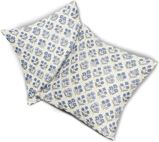 Blue Grey Gray Floral Pillow Covers 22x22 Inch Set of 2, Vintage Flower Block - Image 8
