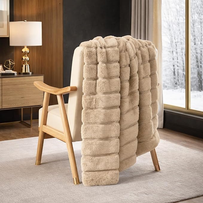 Cozy Bliss Deluxe Sheared Rabbit Faux Fur Throw Blanket, Soft Fuzzy High-Low by CozyBliss
