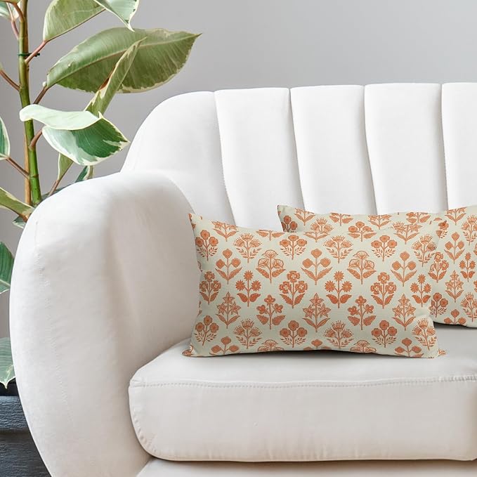 Orange Floral Pillow Covers 12x20 Inch Set of 2, Block Print Lumbar Flower - Image 5