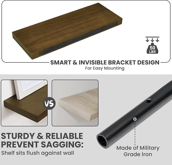 Solid Wood Floating Shelves For Wall, 24”W x 9”D x 1.56”H Large Wall Shelves - Image 7